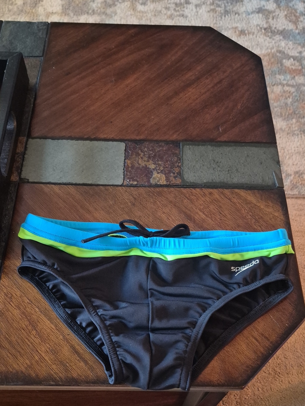 Speedo Men’s Black Swim Trunks with Blue & Lime Trim. New! Small